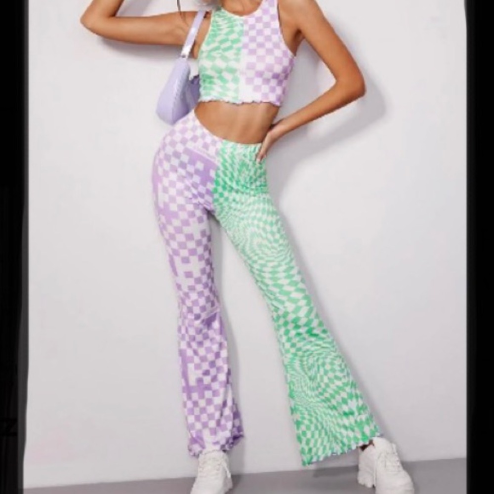 🏃🏽‍♀️🛼Checkered & Letter Print Tank Top & Pants Set🛹⛸ Boutique New 12(L)🛼 - Picture 3 of 6